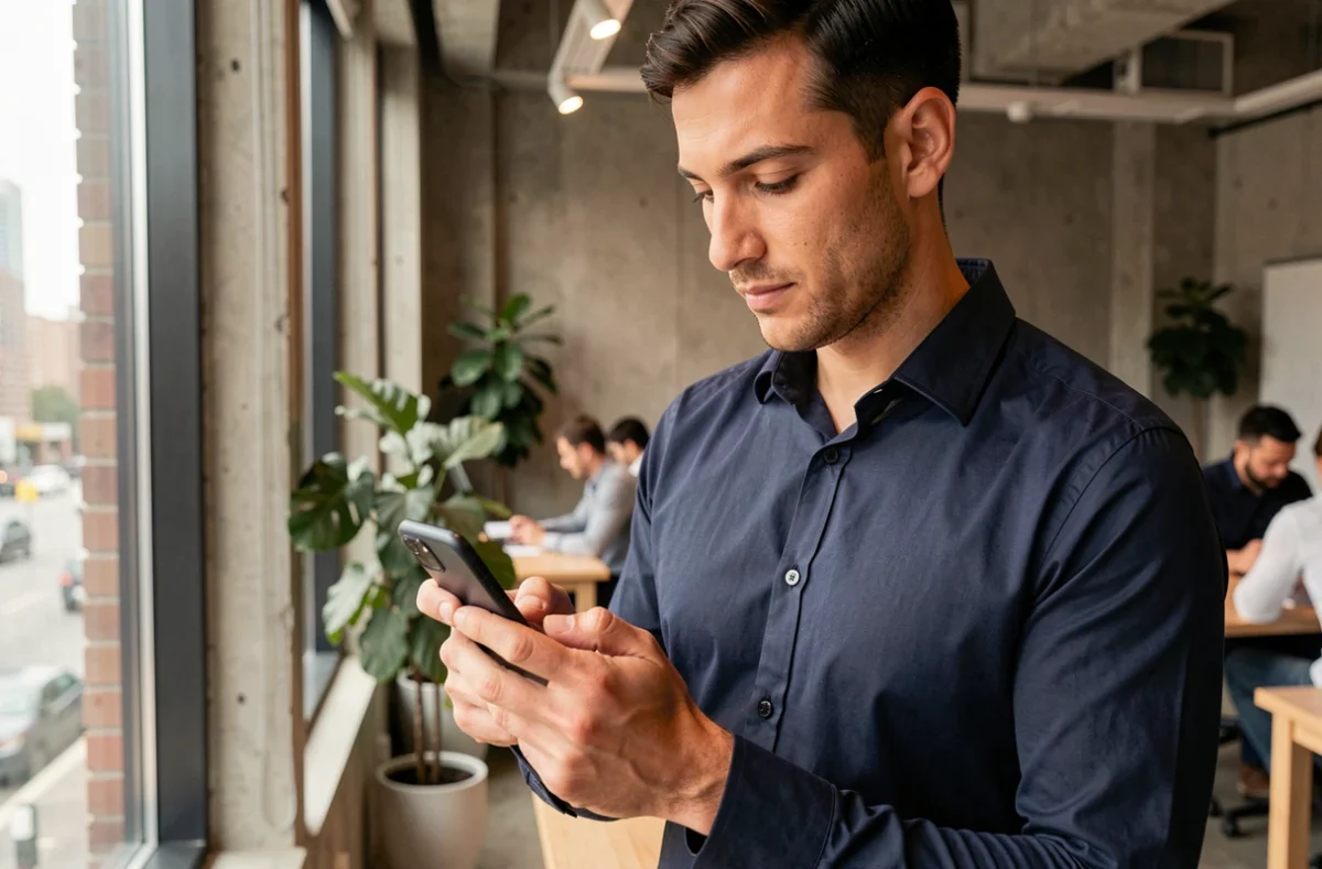 Homme consultant son compte Advango sur smartphone dans un espace de coworking moderne