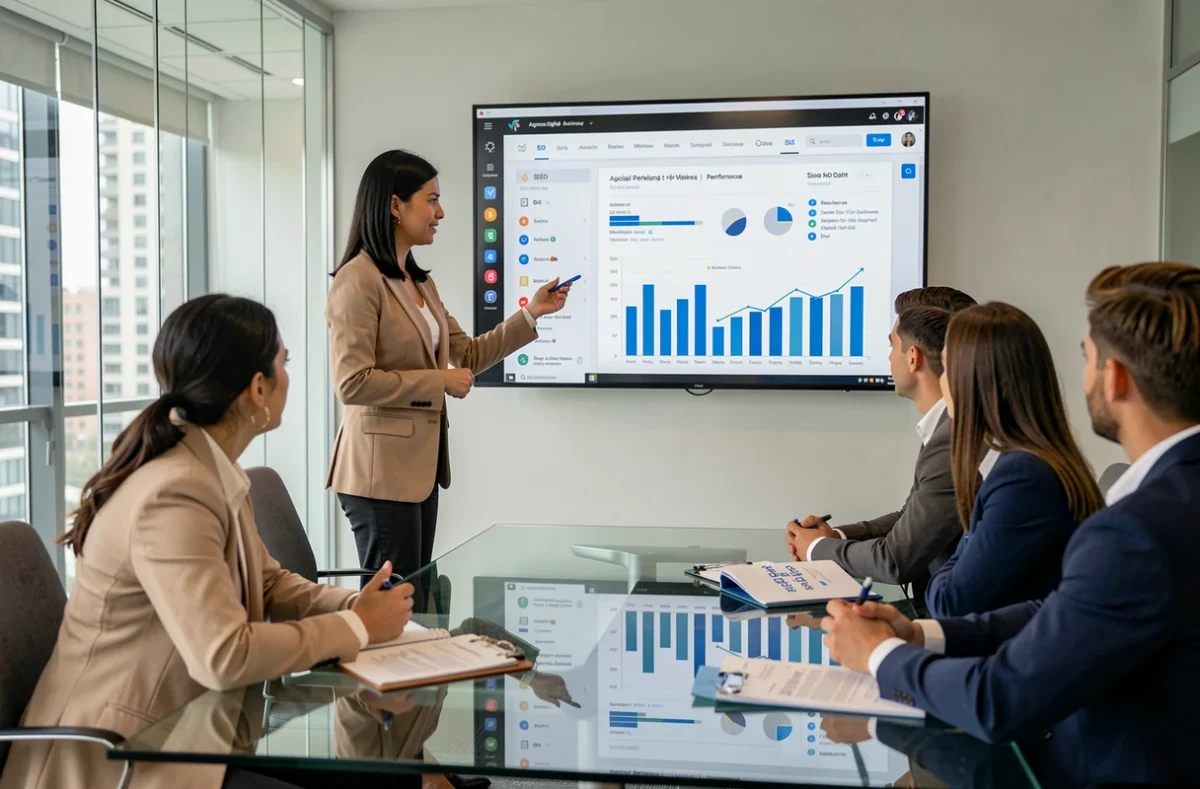 Consultante de l'Agence Digital Plus présentant un rapport de performance SEO et réseaux sociaux à son équipe