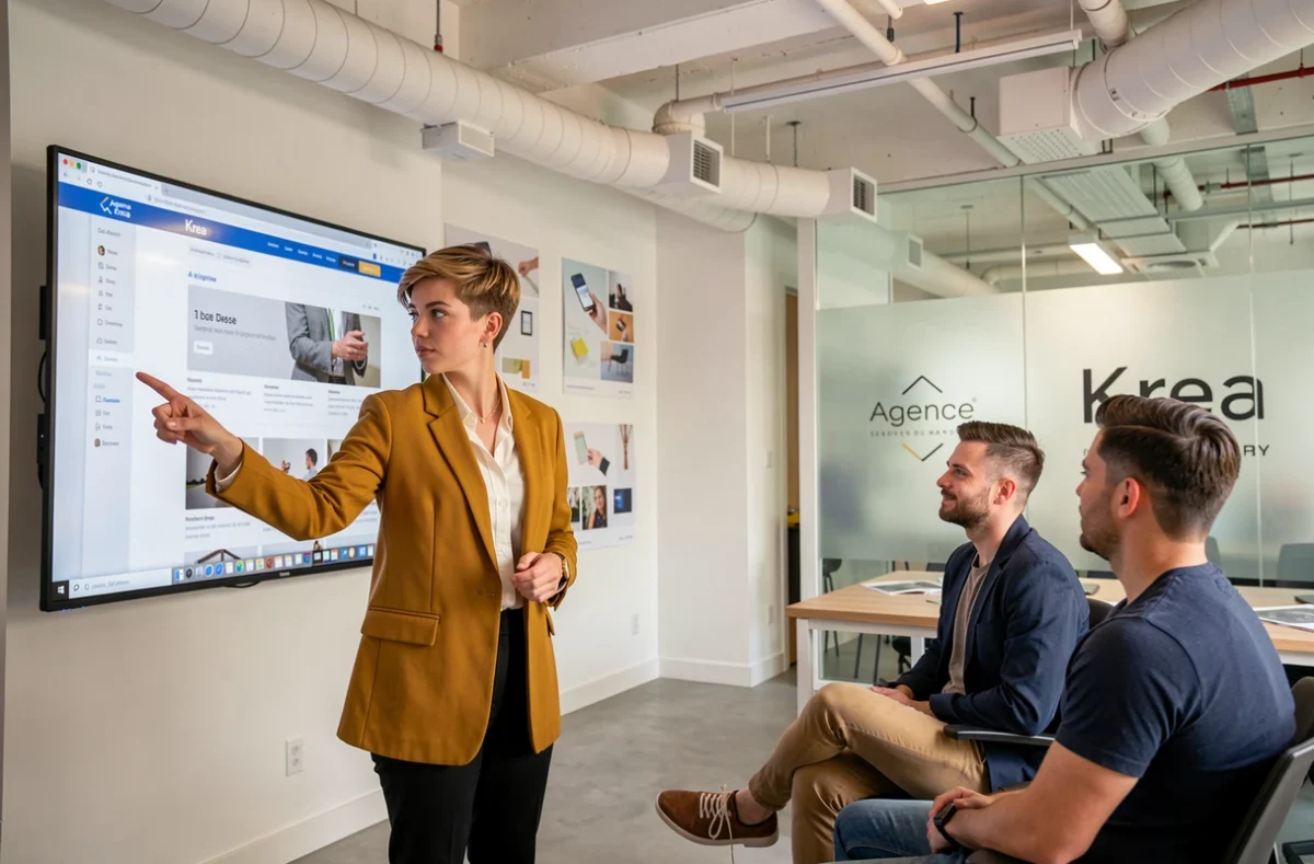 Directrice créative de l'Agence Krea présentant une maquette de site web à son équipe dans un studio design moderne