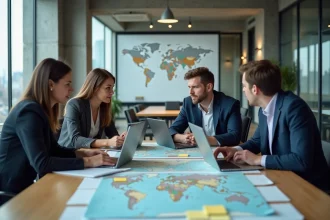 Équipe internationale de l'agence Maxus en réunion stratégique autour d'une table de conférence avec cartes et ordinateurs portables