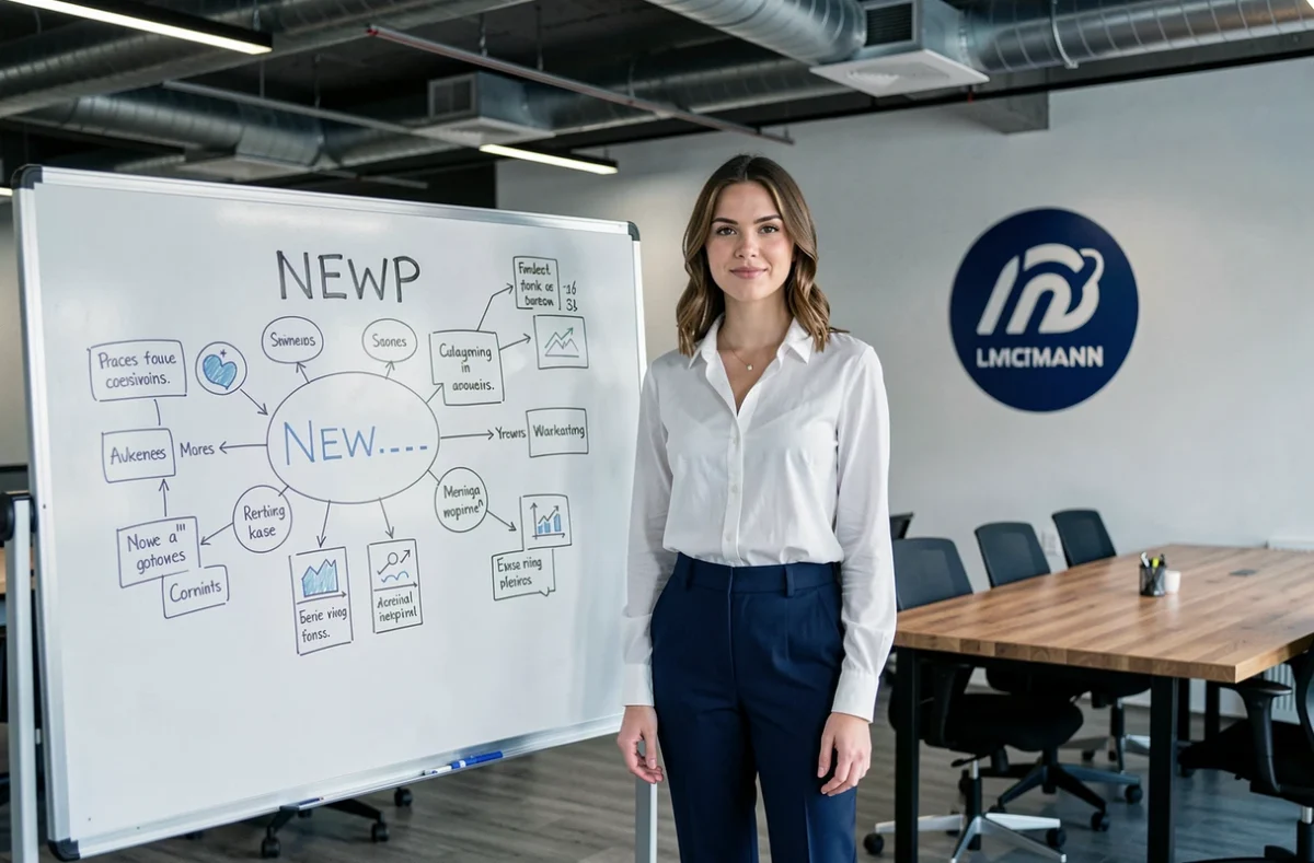 Stratège digitale de l'agence NEWP présentant une stratégie de marketing numérique sur un tableau blanc