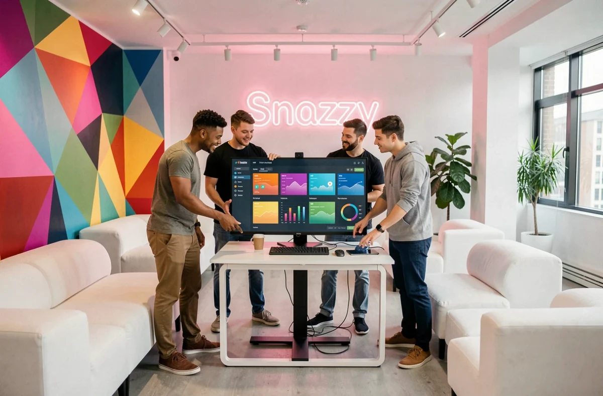 Équipe de l'agence Snazzy réunie autour d'un tableau de bord SEO dans un espace de travail moderne et coloré