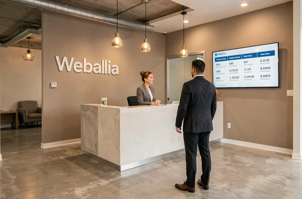 Réception de l'agence Webalia avec une consultante accueillant un client devant le logo de l'agence
