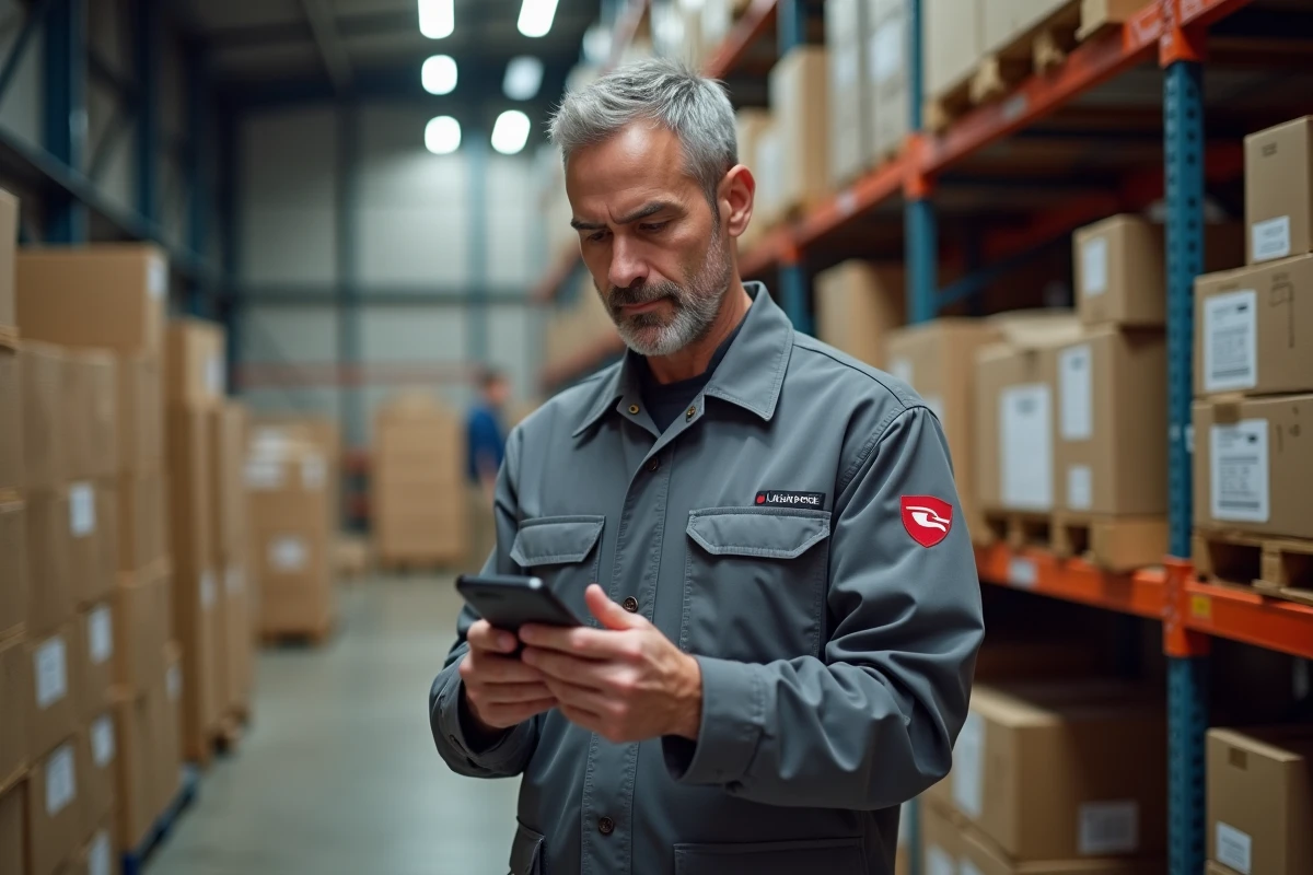 Agent de La Poste accédant à l'extranet GTm sur mobile dans un entrepôt logistique