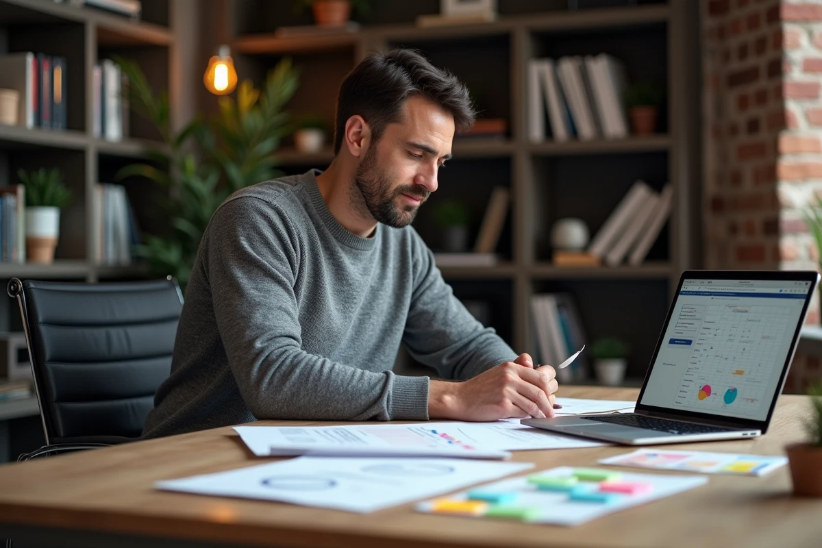 Manager analysant des documents de segmentation stratégique et de définition des domaines d'activité sur un bureau professionnel