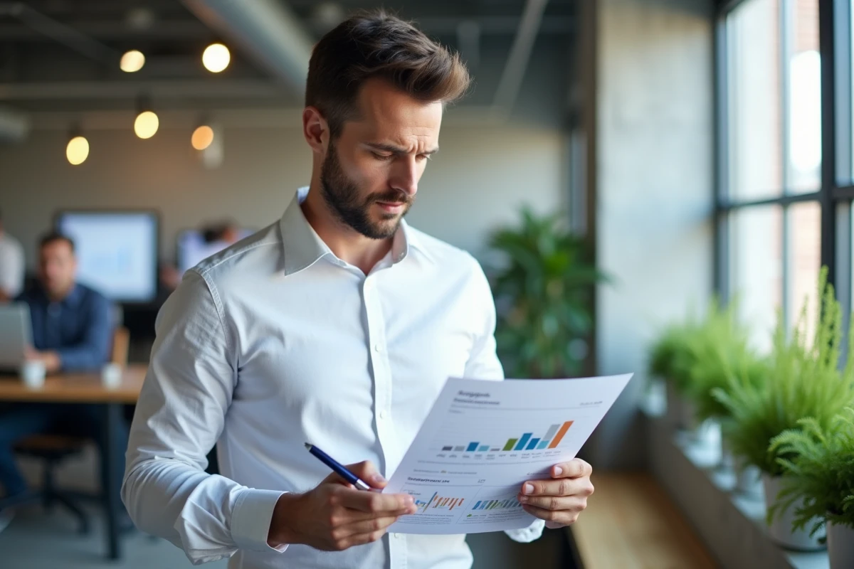 Entrepreneur examinant un rapport d'avis clients pour choisir une plateforme e-commerce adaptée