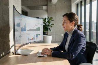 Femme analyste étudiant des données ultra-niche sur un écran dans un bureau moderne en 2026