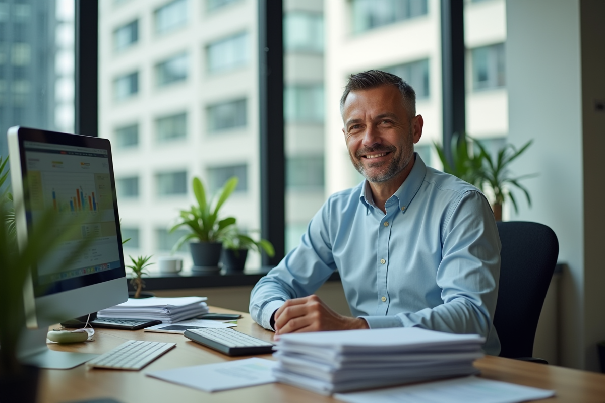 Analyste environnemental au bureau avec rapports et ordinateur
