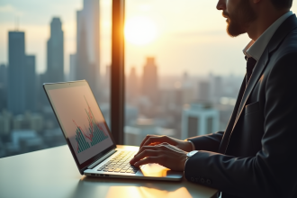 Professionnel analysant un graphique financier sur un ordinateur moderne