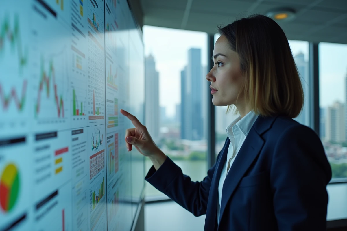Analyste économique étudiant des indicateurs territoriaux sur un écran interactif dans un bureau moderne avec vue urbaine