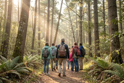 Animateur nature guidant un groupe sur un sentier forestier
