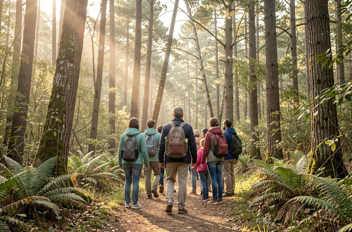 Animateur nature guidant un groupe sur un sentier forestier