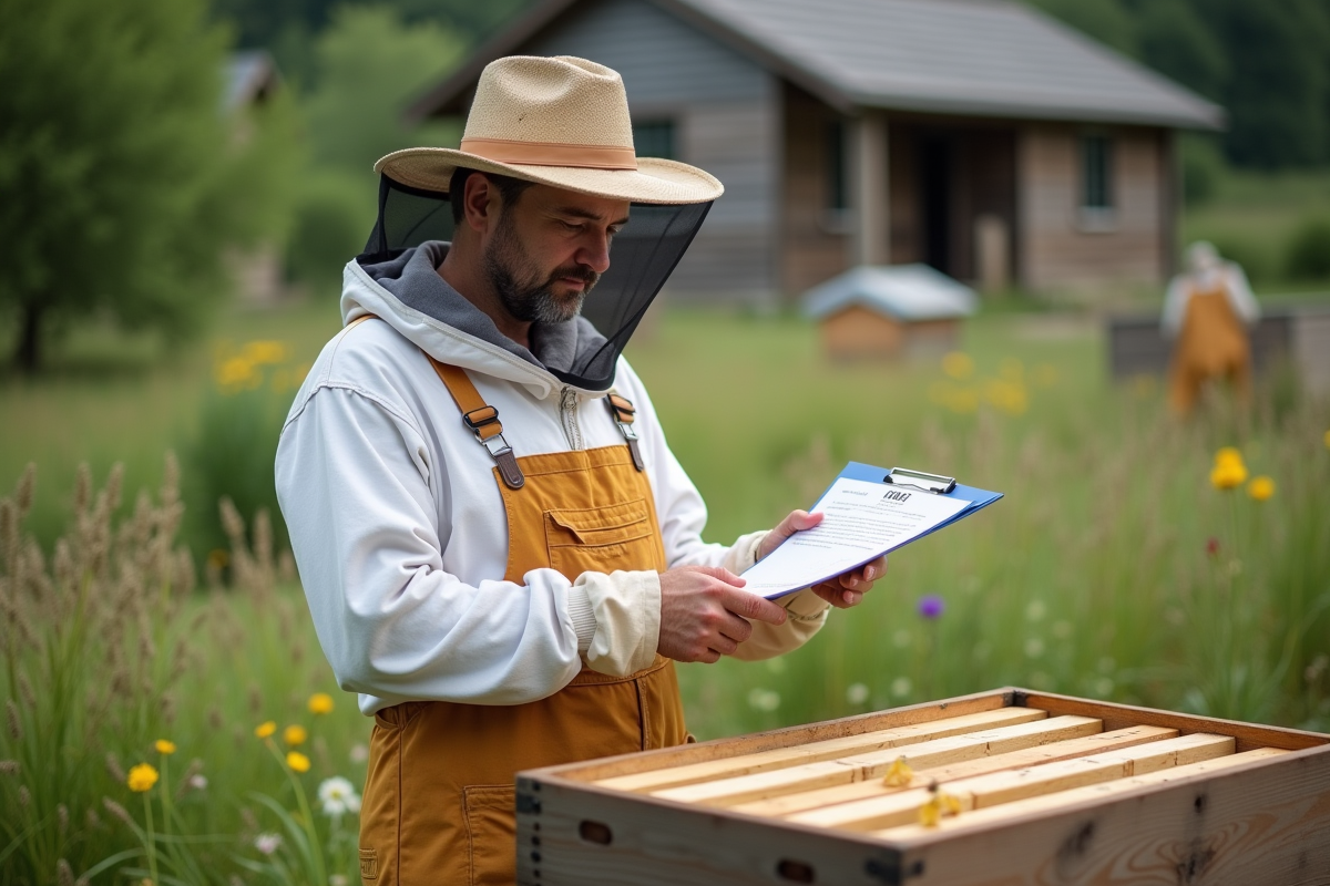 Apiculteur avec certificat QSE dans un rucher en plein air
