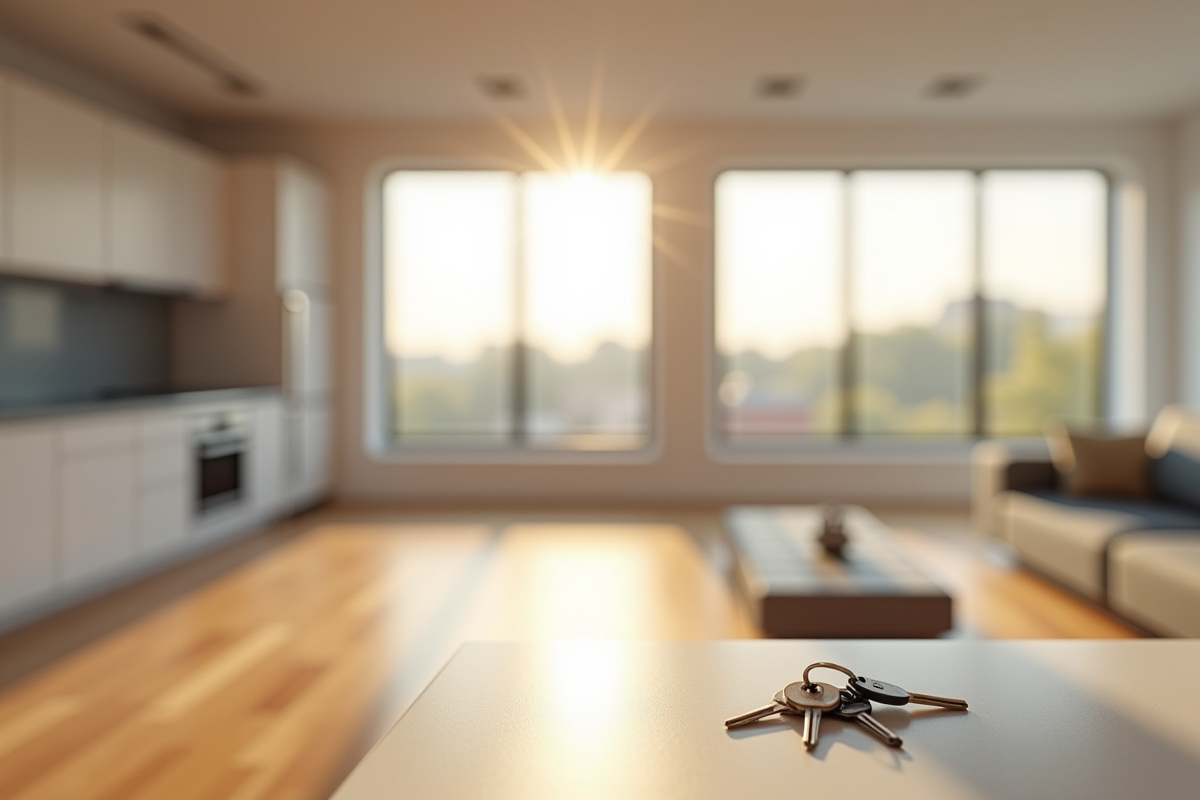 Appartement vide avec grandes fenêtres et clés sur le comptoir