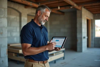Artisan sur chantier consultant un logiciel de gestion de chantier sur tablette pour optimiser l'organisation de ses travaux avec myextrabat