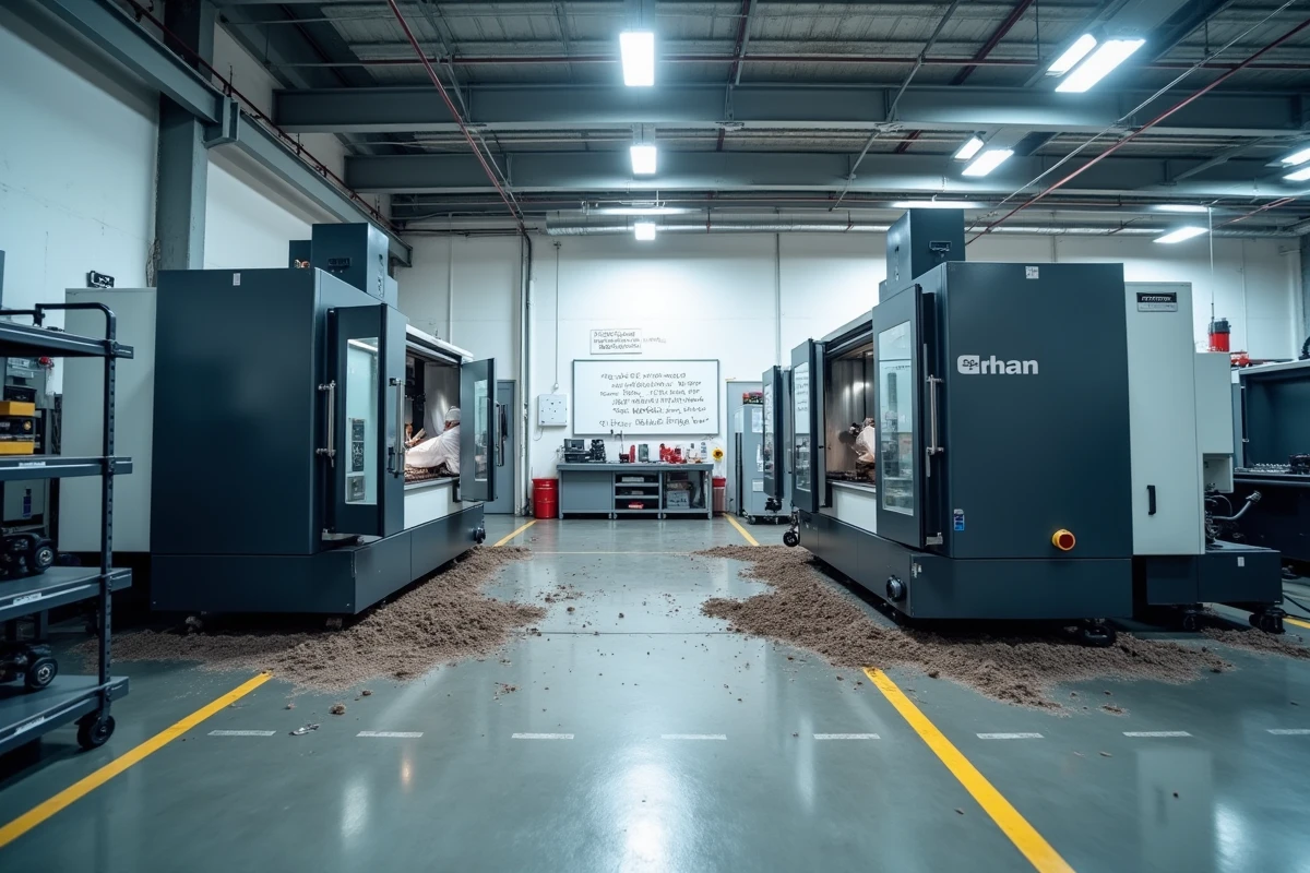 Vue d'ensemble d'un atelier CNC de petite série avec deux centres d'usinage en fonctionnement