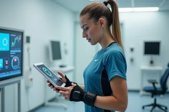 Femme athlète consultant la plateforme Brigyt sur une tablette dans une clinique sportive moderne