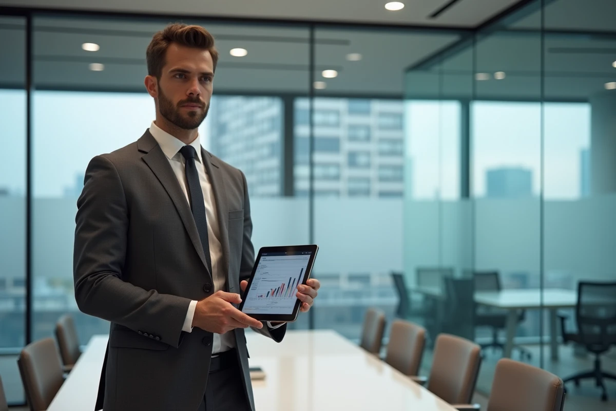 Auditeur senior d'un Big 4 présentant des données financières sur tablette dans une salle de réunion moderne
