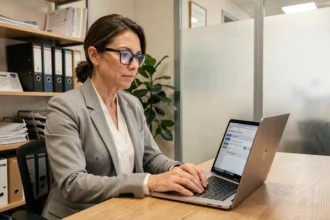 Cheffe d'entreprise utilisant une plateforme en ligne pour envoyer une lettre recommandée depuis son bureau