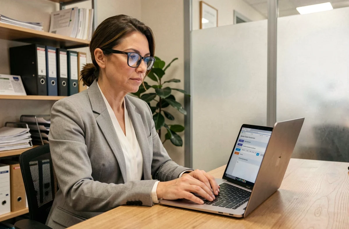 Cheffe d'entreprise utilisant une plateforme en ligne pour envoyer une lettre recommandée depuis son bureau
