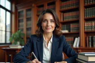 Avocate en droit des affaires assise à son bureau dans un cabinet juridique, révisant des documents légaux avec des livres de droit en arrière-plan