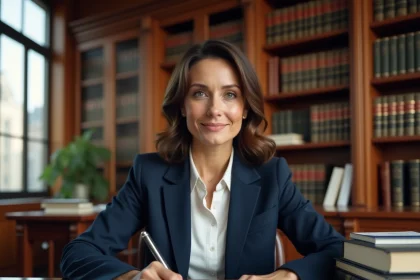 Avocate en droit des affaires assise à son bureau dans un cabinet juridique, révisant des documents légaux avec des livres de droit en arrière-plan