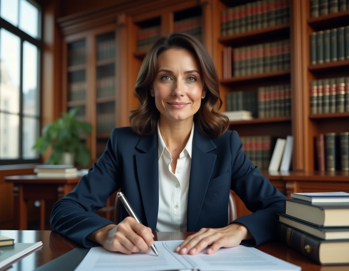 Avocate en droit des affaires assise à son bureau dans un cabinet juridique, révisant des documents légaux avec des livres de droit en arrière-plan
