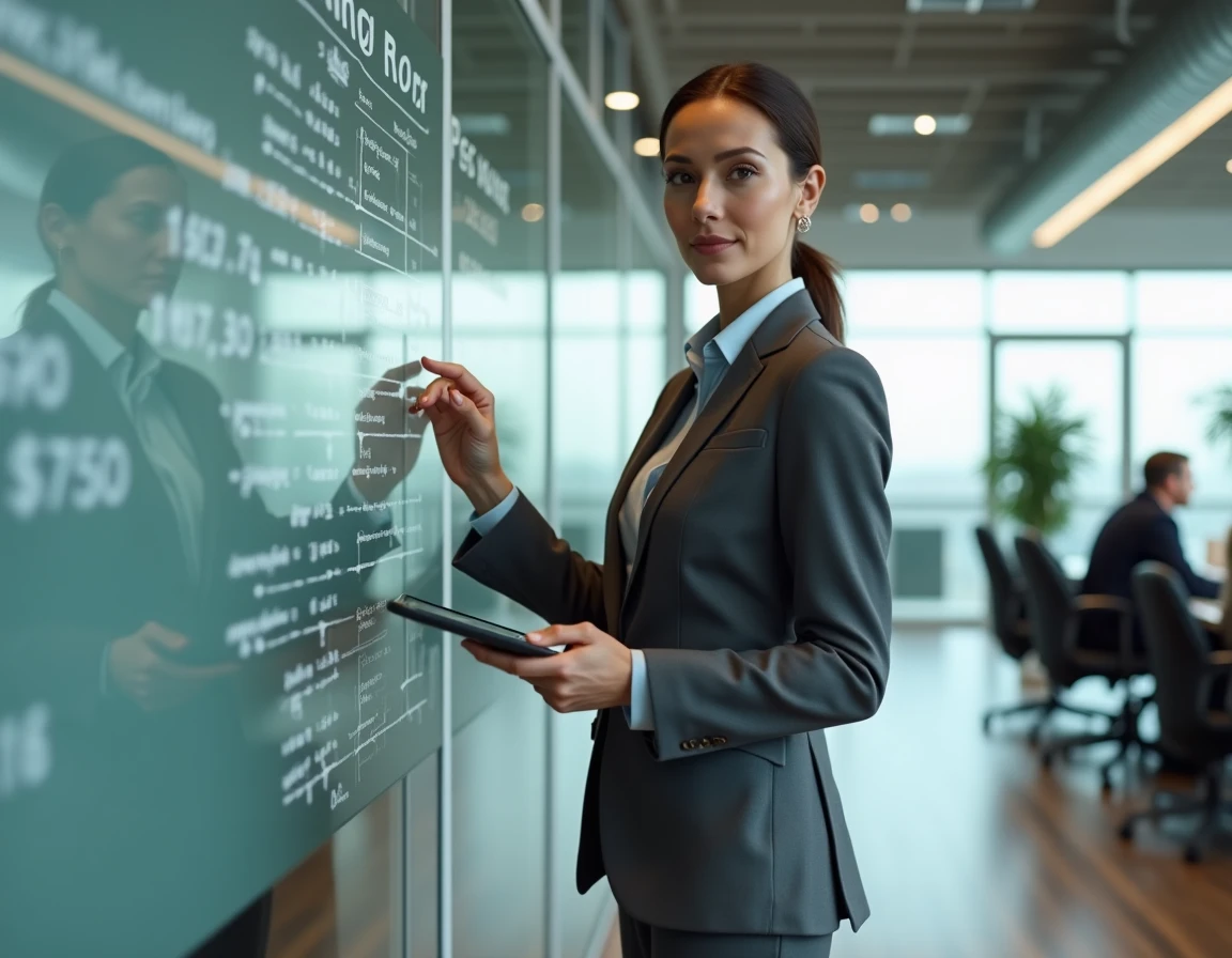 Avocate d'affaires debout devant un tableau de calcul d'heures facturables dans un cabinet juridique moderne
