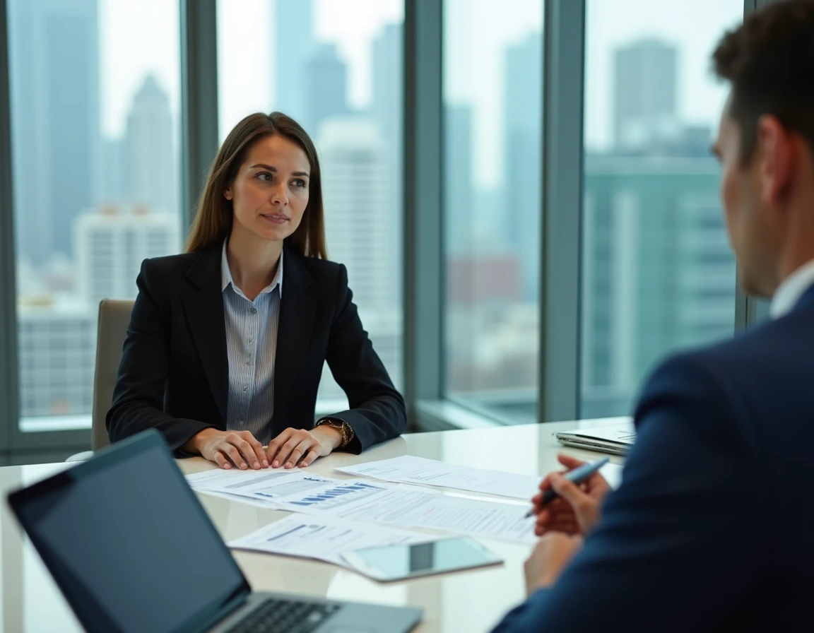 Avocate en droit des affaires discutant d'un rapport de rémunération et de facturation avec un client en salle de réunion