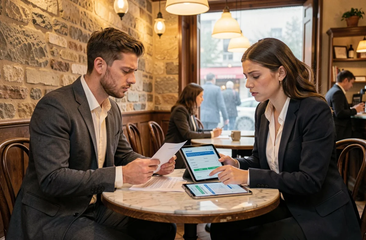 Deux jeunes avocats discutant des démarches d'immatriculation et du code NAF autour d'un café dans un bistrot parisien