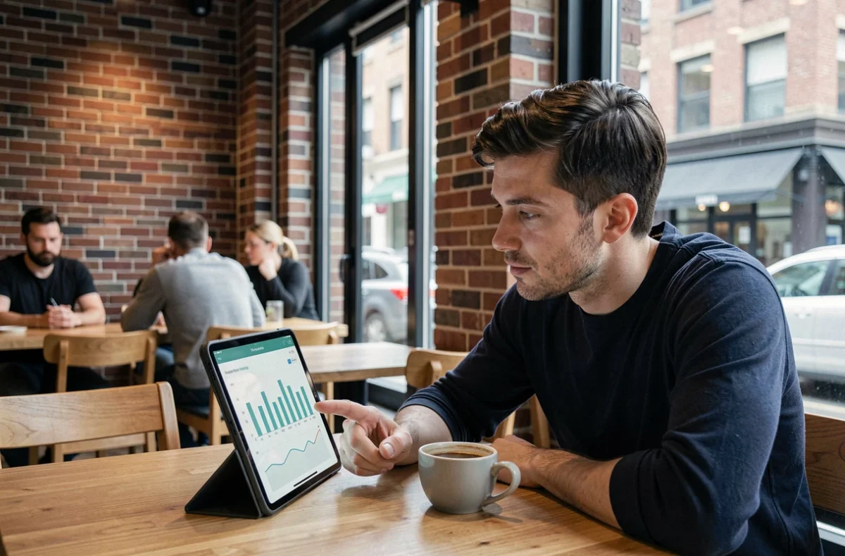Blogueur masculin analysant les statistiques de revenus publicitaires de son blog depuis un café urbain avec une tablette