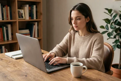 Jeune femme blogueuse débutante travaillant sur son blog depuis son bureau à domicile pour générer des revenus publicitaires