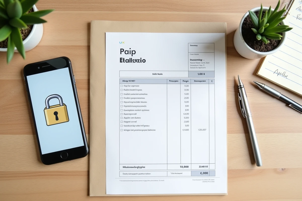 Vue de dessus d'un bulletin de paie papier posé à côté d'un smartphone affichant un coffre-fort numérique de documents sécurisés