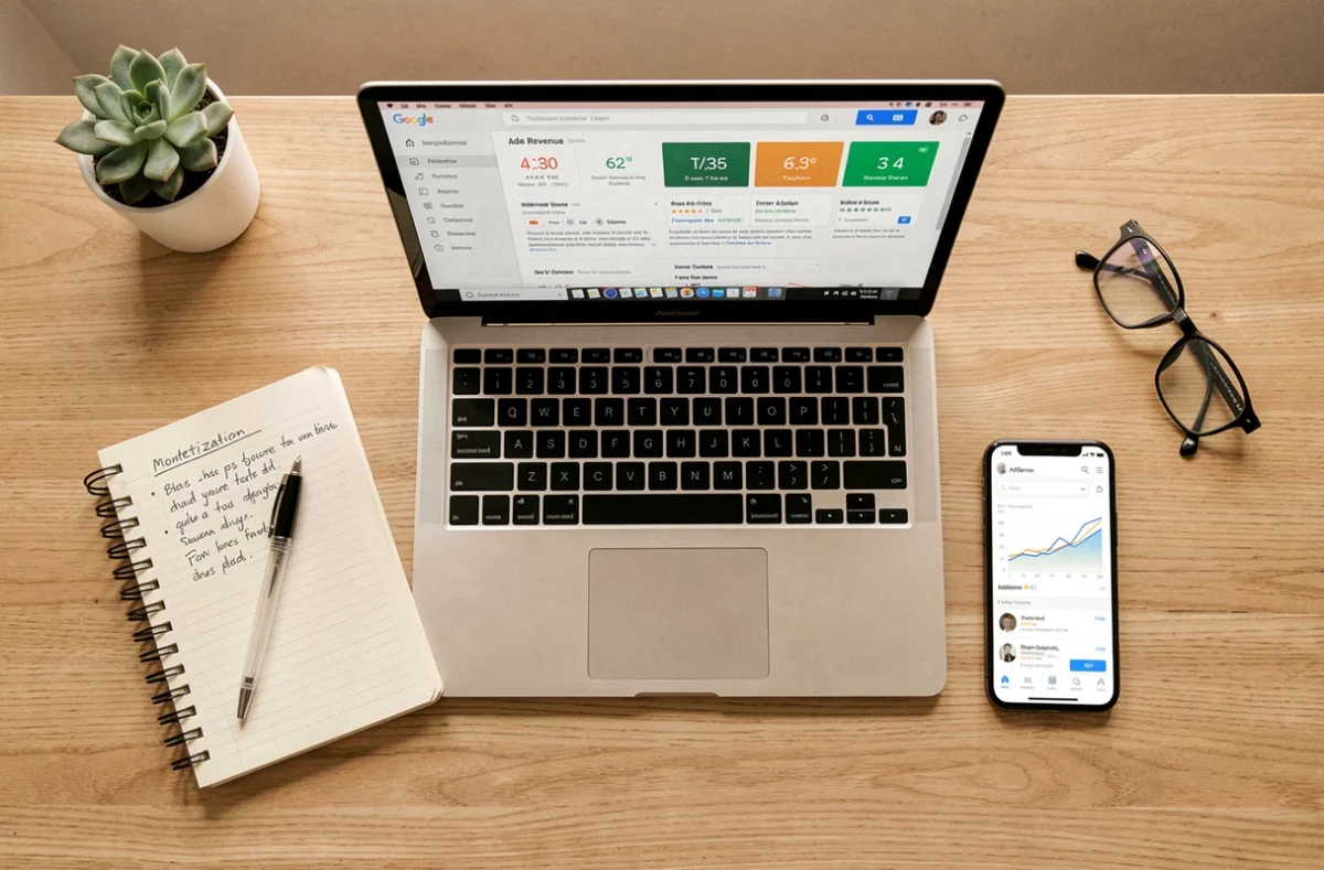 Vue aérienne d'un bureau de blogueur avec un laptop affichant des revenus publicitaires, un carnet de notes et un smartphone avec AdSense