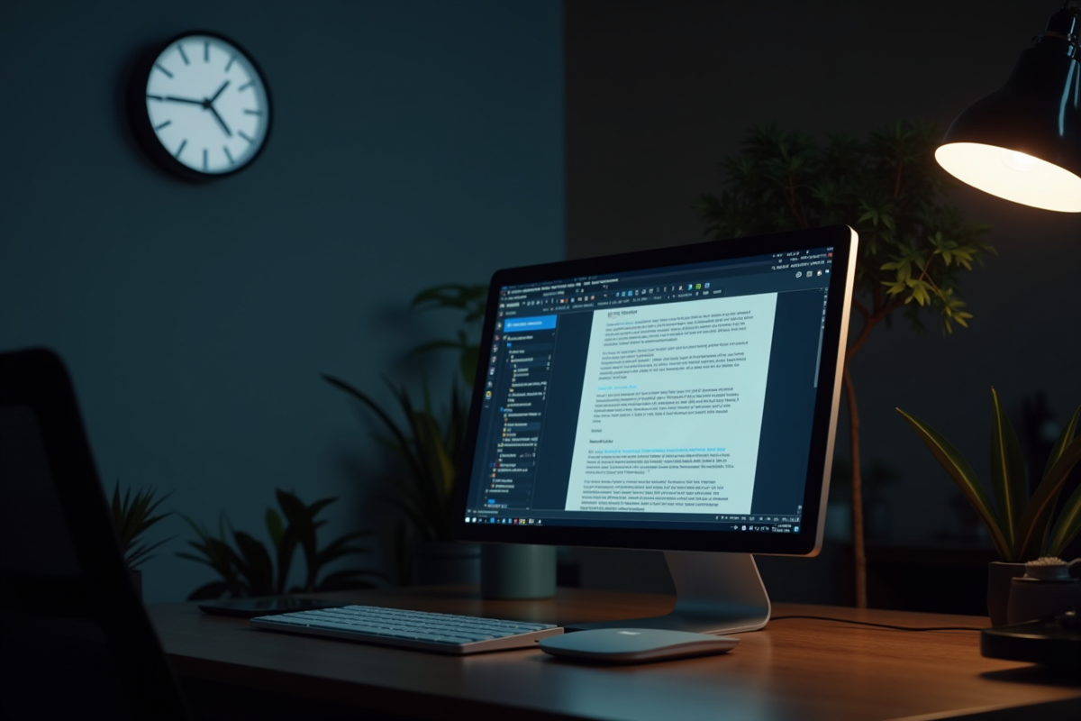 Espace de travail professionnel la nuit avec écran d'email