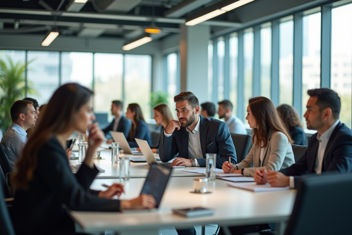 Bureau moderne ouvert avec professionnels au travail