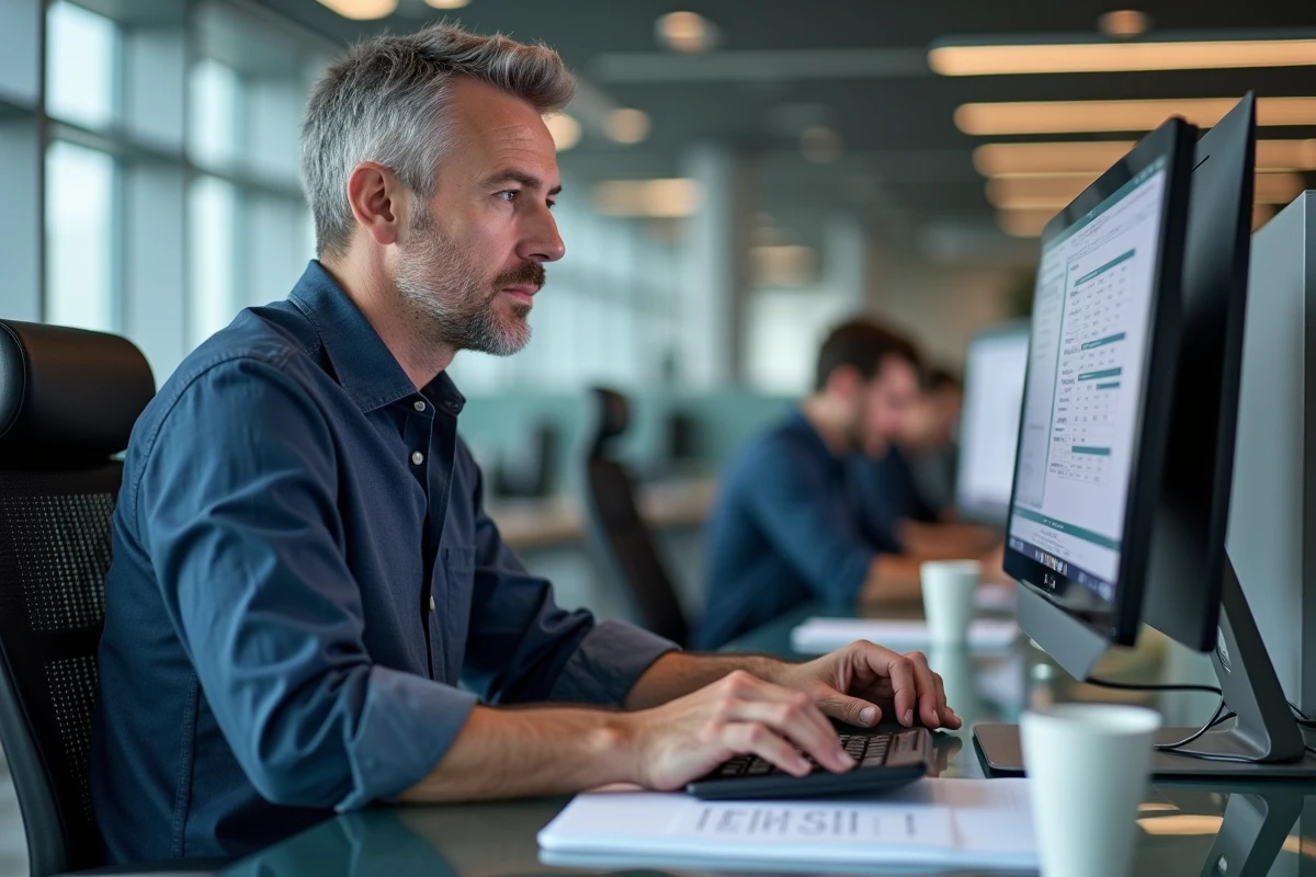 Homme calculant ses heures de travail sur une calculatrice pour contrôler sa fiche de paie au bureau
