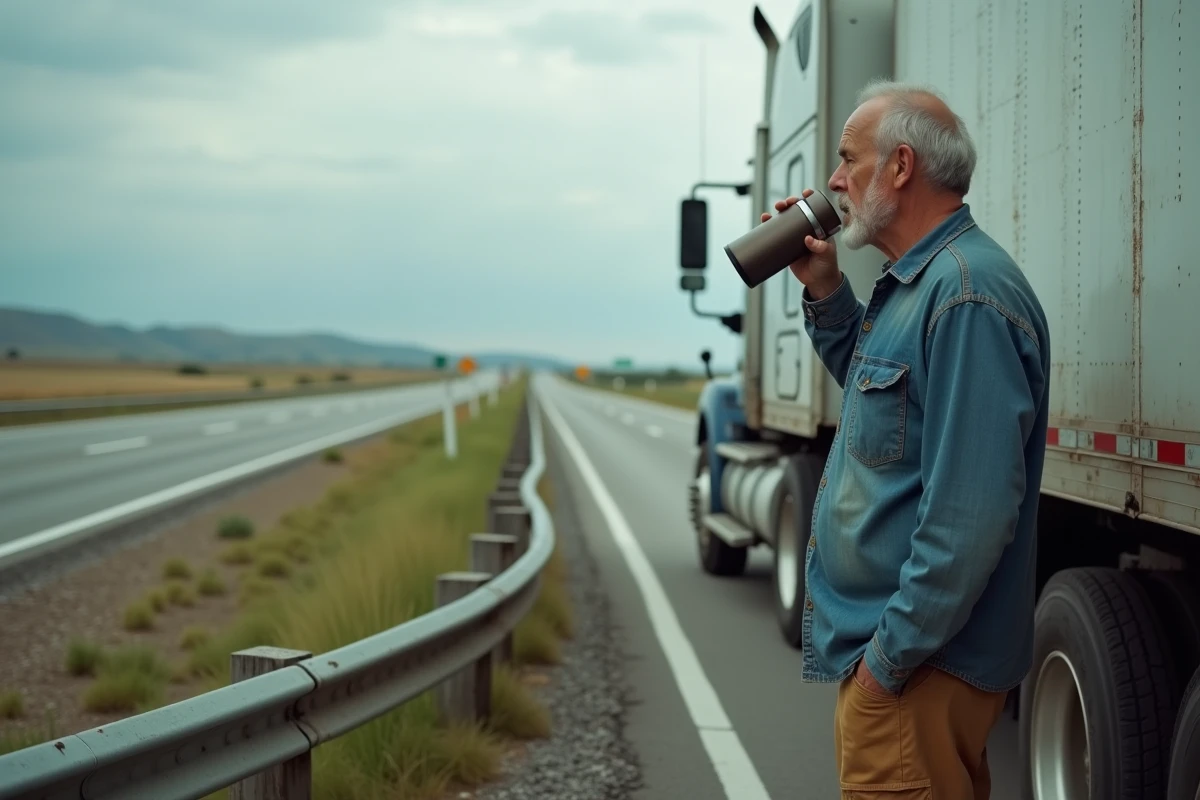 Camionneur expérimenté faisant une pause café au bord d'une route lors d'un long trajet