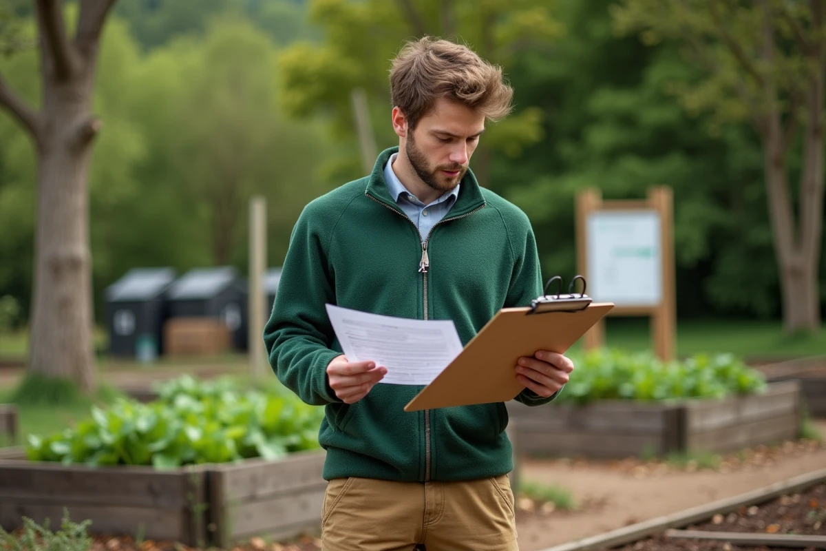 Homme consultant des offres d'emploi associatif écologique dans un jardin communautaire urbain