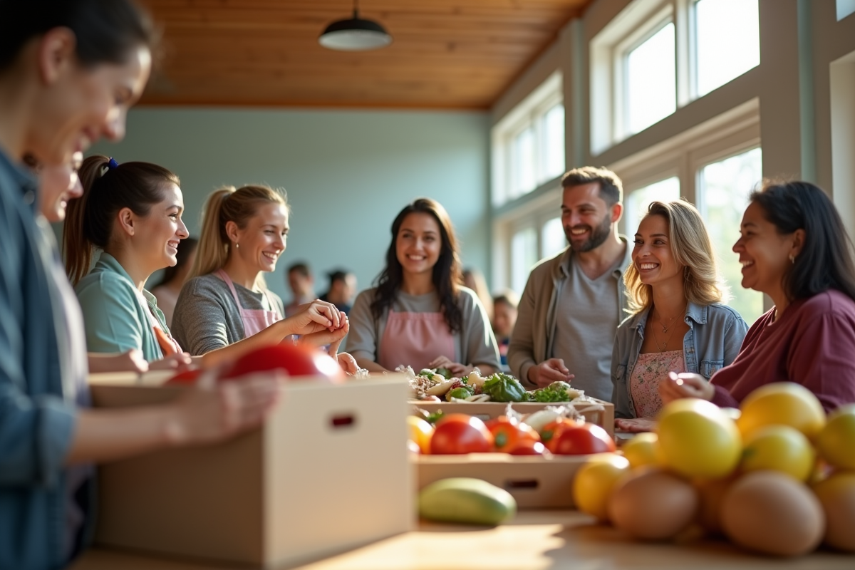 Bénévoles distribuant de la nourriture dans un centre communautaire