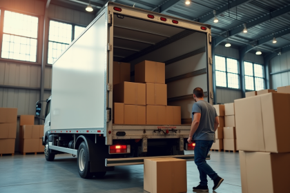 Employé chargeant des cartons dans un camion dans un entrepôt lumineux