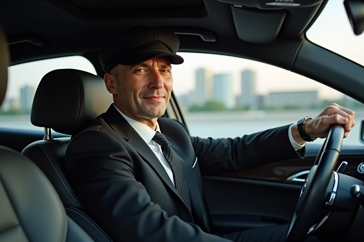 Chauffeur élégant en costume noir dans une voiture de luxe