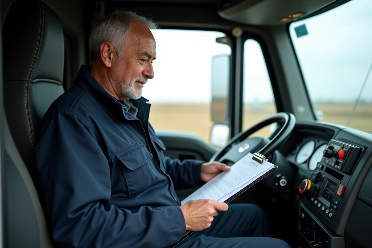 Chauffeur routier professionnel consultant des documents dans la cabine de son camion semi-remorque