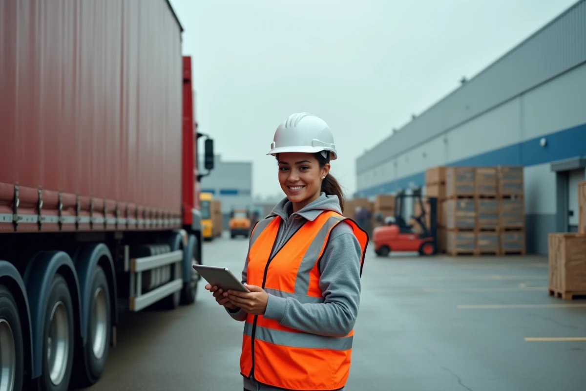 Chauffeuse routière professionnelle contrôlant une livraison dans un entrepôt logistique