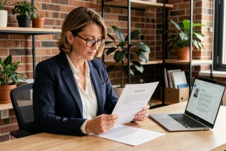 Cheffe d'entreprise TPE consultant un modèle de devis professionnel imprimé dans son bureau moderne