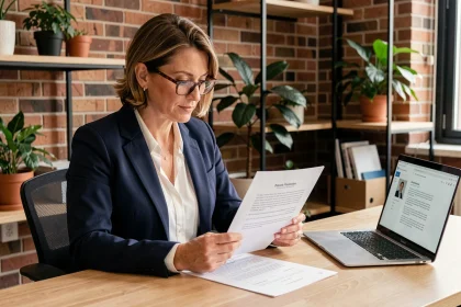 Cheffe d'entreprise TPE consultant un modèle de devis professionnel imprimé dans son bureau moderne
