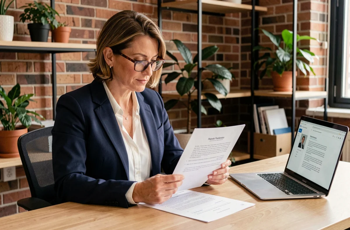 Cheffe d'entreprise TPE consultant un modèle de devis professionnel imprimé dans son bureau moderne