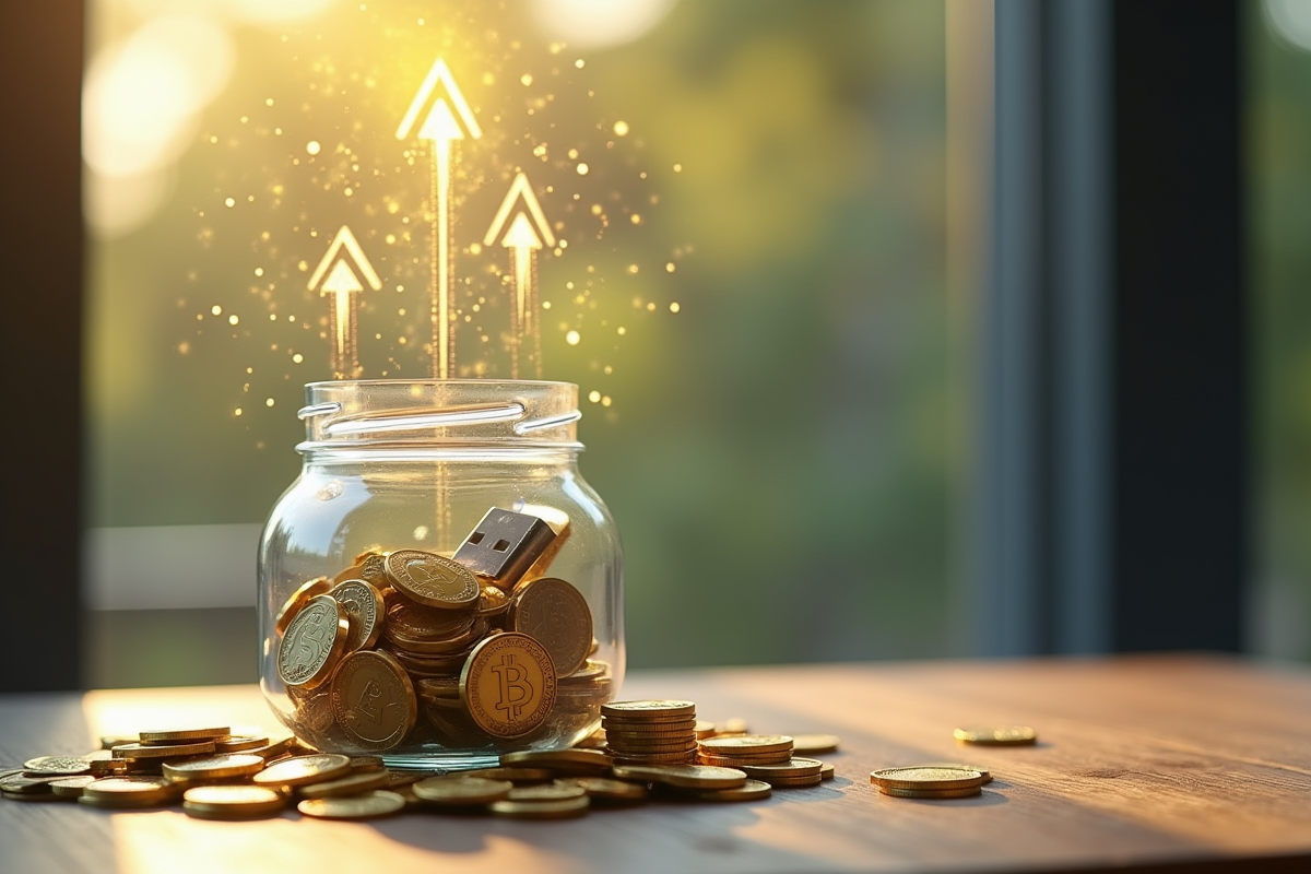 Coffre rempli de pièces d or et de clés USB avec icônes crypto