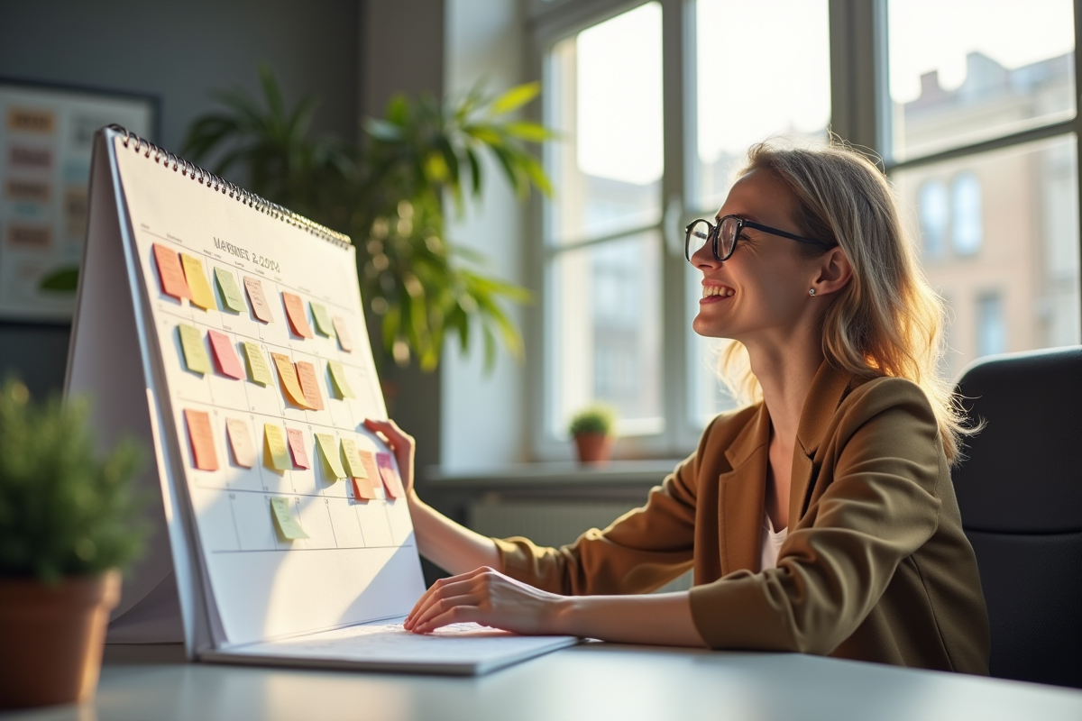 Employé belge souriant avec calendrier coloré au bureau