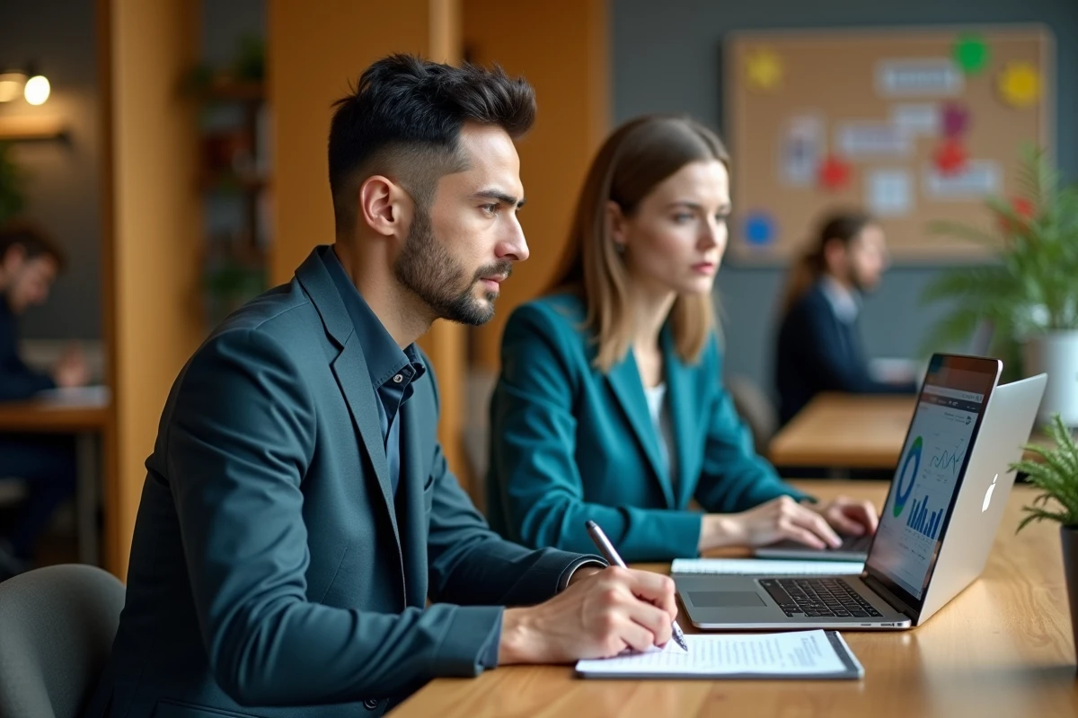 Deux collaborateurs de l'agence Maxus travaillant sur des outils digitaux internationaux dans un espace de co-working moderne